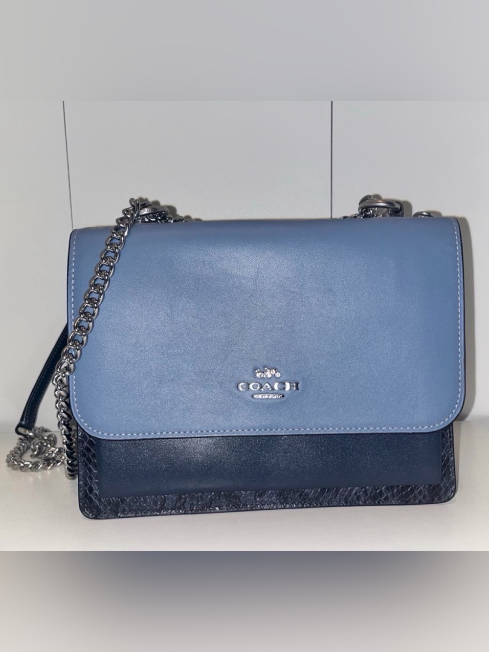 Coach Klare Two-Tone Blue Leather Silver Chain Crossbody Bag